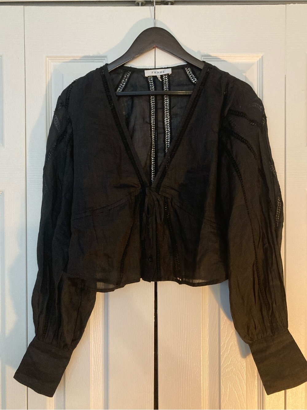 Frame Denim Black Sheer Tie-Front Blouse with Balloon Sleeves